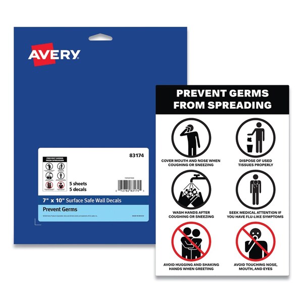 Avery Preprinted Surface Safe Wall Decals, 7 x 10, Prevent Germs from Spreading, White/Black Face, 5PK 83174 - main