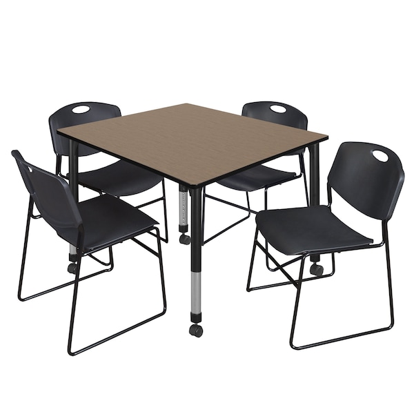 Regency Square Kee Mobile Adjustable Classroom Table W/ 4 Zeng Stack Chairs, 48 in W, 48 in L, Noble Oak TB4848NOAPCBK44BK - main