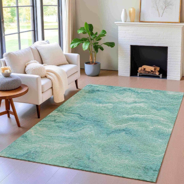 Homeroots 5' X 8' Teal Blue And Ivory Abstract Washable Indoor Outdoor Area Rug 631318 - main