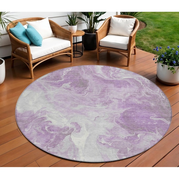 Homeroots 8' Lavender And Ivory Round Abstract Washable Indoor Outdoor Area Rug 617784 - main