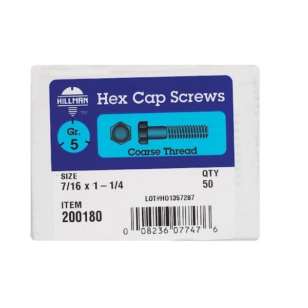 Hillman 7/16 in. D X 1-1/4 in. L Heat Treated Zinc Steel Hex Head Cap Screw, 50PK 200180 - main