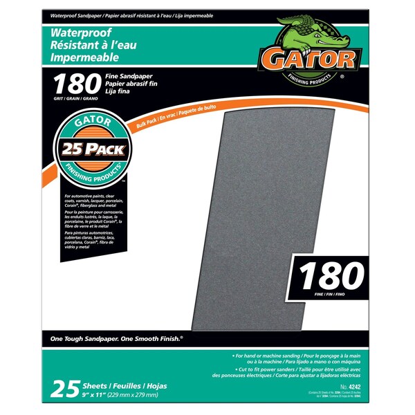 Gator Finishing 9 x 11 in Waterproof Sandpaper, 180 Grit, Fine, 25PK 4242 - main
