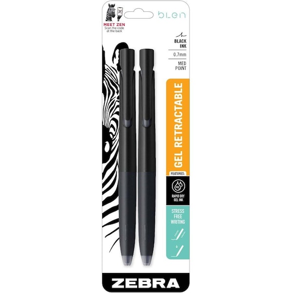 Blen Retractable Gel Pen, 0.7 mm, Black, PK2 41412 - main