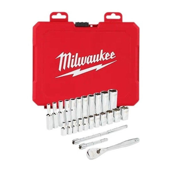Milwaukee Tool 1/4 in Drive Socket Wrench Set SAE 26 Pieces 5/32 in to 9/16 in , Chrome 48-22-9404 - main
