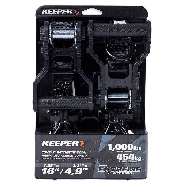 Keeper Tie-Down, 1-1/4 in W, 16 ft L, Black, 1000 lb Working Load, J-Hook End, 2/PK, 2PK 85450 - main