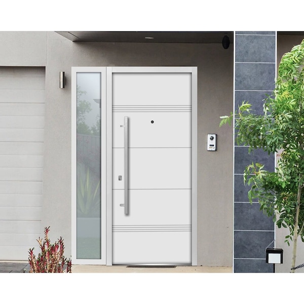Vdomdoors Steel Door Deux 1705 White Enamel Sidelight Exterior Black Window Stainless Inserts Single Modern P DEUX1705EXD-BEM-W36+16 x H80-Right-hand Inswing - main