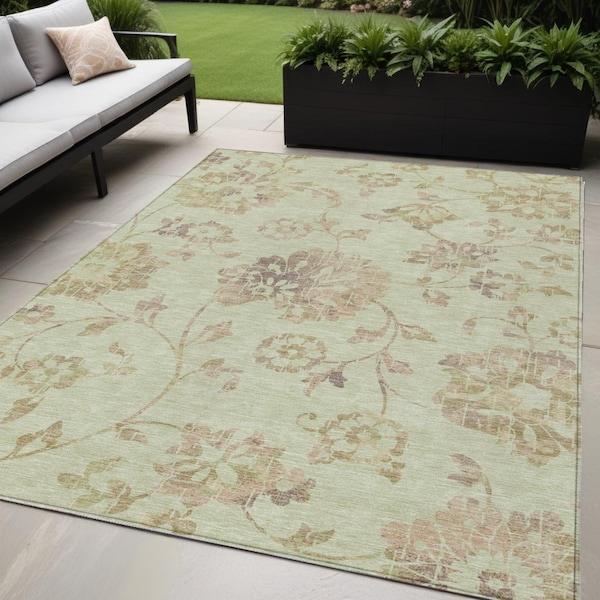 Homeroots 5' X 8' Artichoke Green Mint Green And Taupe Floral Washable Indoor Outdoor Area Rug 589447 - main