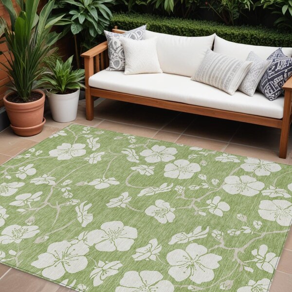 Homeroots 9' X 12' Artichoke Green And Ivory Floral Washable Indoor Outdoor Area Rug 599854 - main