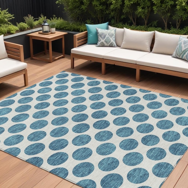 Homeroots 9' X 12' Teal Blue And Ivory Polka Dot Washable Indoor Outdoor Area Rug 614945 - main