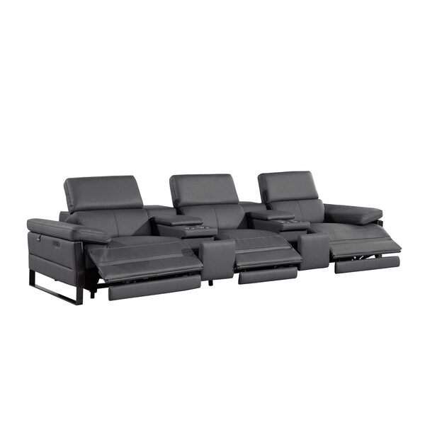 Homeroots 129" Dark Gray Top Grain Leather Reclining Metal USB Sofa 720339 - main