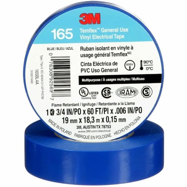 3M Vinyl Electrical Tape, 165, Temflex, 3/4 in W x 60 ft L, 6 mil thick, Blue 165BL4A - main