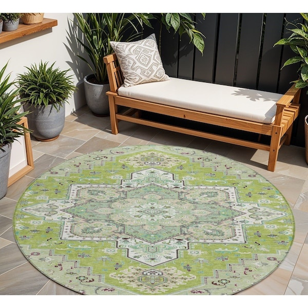 Homeroots 8' Green Ivory And Brown Round Oriental Washable Indoor Outdoor Area Rug 600152 - main