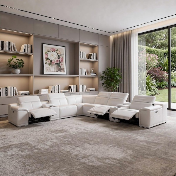 Homeroots White Italian Leather Power Reclining U Shaped Eight Piece Corner Sectional With Console 366364 - main