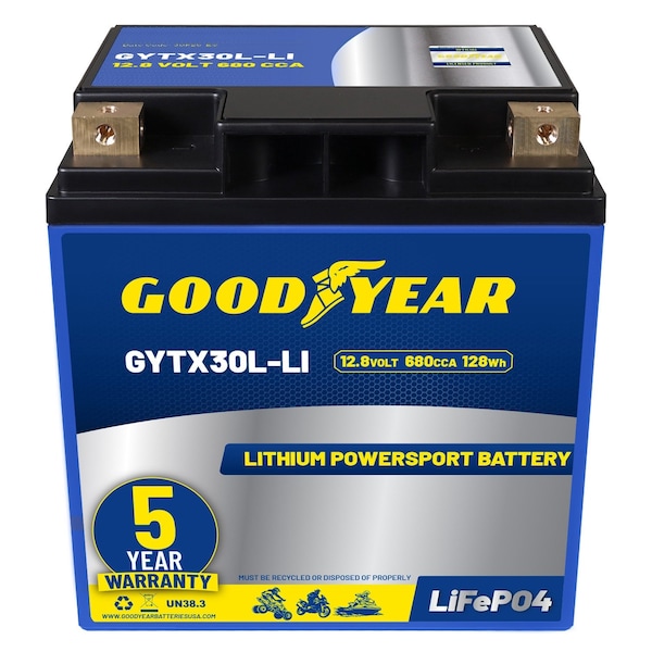 Goodyear GYTX30L-LI Lithium LiFePO4 12.8V 680CCA Rechargeable High Performance Powersport Battery GY4148422 - main