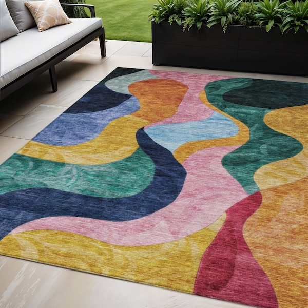 Homeroots 5' X 8' Green Orange And Pink Abstract Washable Indoor Outdoor Area Rug 604451 - main