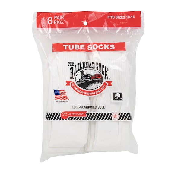 Railroad Sock Mens Tube Socks, 85% Cotton, 15% Nylon, White, 6-12 M, 8 PK 8085 - main