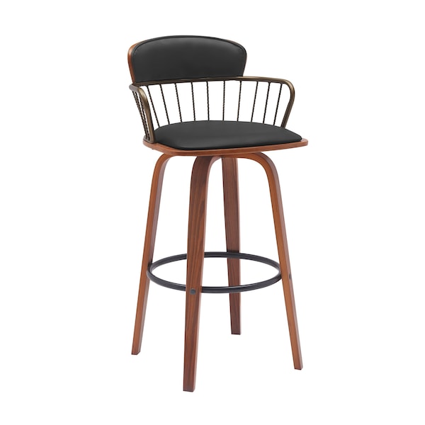 Armen Living Willow 30in Swivel Walnut Wood Bar Stool in Black Faux Leather with Golden Bronze Metal LCWIBAWABLK30 - main