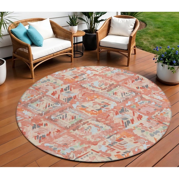 Homeroots 8' Coral And Orange Round Geometric Washable Indoor Outdoor Area Rug 609132 - main