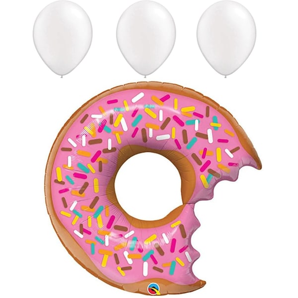 Loonballoon Birthday Food Balloons, 36 inch BIT DONUT & SPRINKLES, 3 Pearl White Latex Super Sugar Balloon set LOON-LAB-57357-Q-P - main