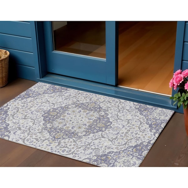 Homeroots 3' X 5' Lavender And Ivory Medallion Washable Indoor Outdoor Area Rug 617461 - main