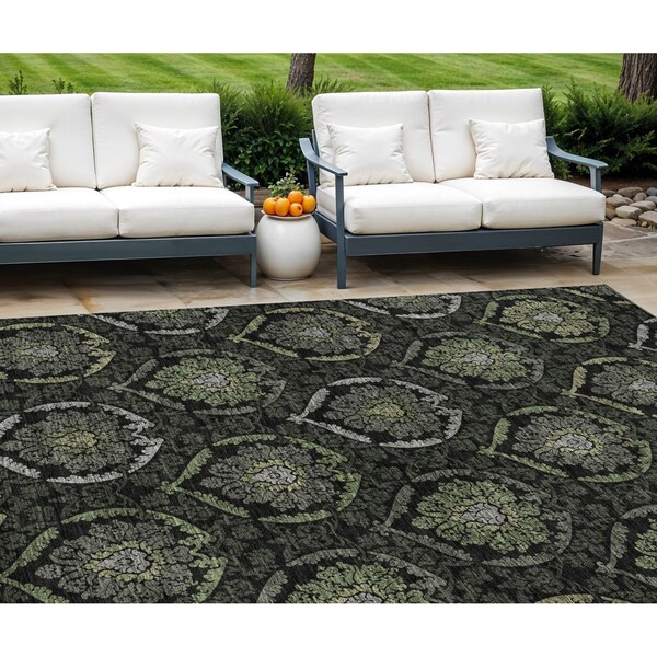 Homeroots 10' X 14' Green Gray And Charcoal Medallion Washable Indoor Outdoor Area Rug 587709 - main