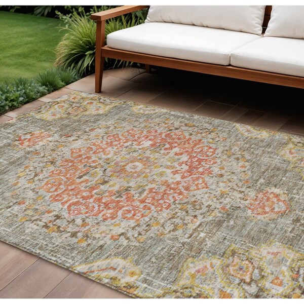 Homeroots 9' X 12' Brown Floral Medallion Washable Indoor Outdoor Area Rug 607840 - main