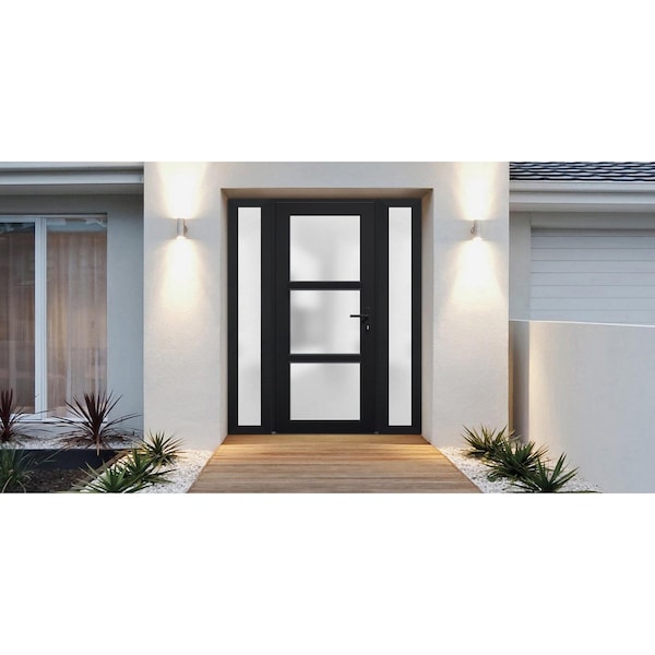 Vdomdoors Front Exterior Prehung FiberGlass Door Frosted Glass / Manux 8552 Matte Black / 2 Sidelight Exterio MANUX8552EXD-BLK-W16+36+16 x H80-LH - main