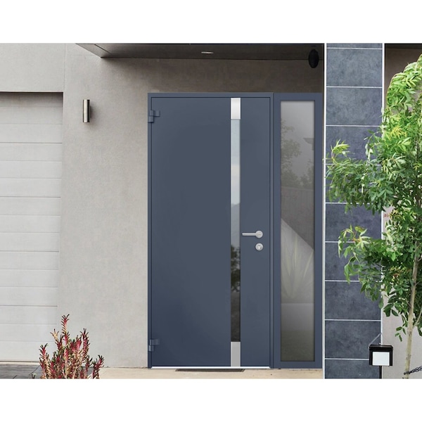 Vdomdoors Steel Door Cynex 6777 Grey Sidelight Exterior Window Stainless Inserts Single Modern Painted-W32+14 CYNEX6777EXD-GRE-W32+14 x H80-Left-hand Outswing - main