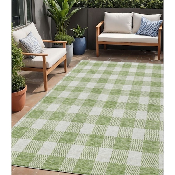 Homeroots 5' X 8' Artichoke Green And Gray Plaid Washable Indoor Outdoor Area Rug 595362 - main