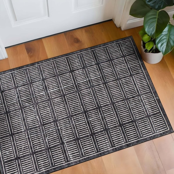 World Rug Gallery Bohemian Stripe Lines Washable Non Slip Area Rug 2 ft x 4 ft Black WR68BLACK2X4 - main