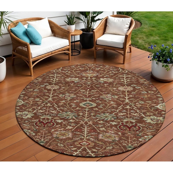 Homeroots 8' Brown Tan And Red Round Floral Washable Indoor Outdoor Area Rug 603433 - main