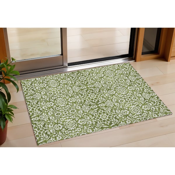 Homeroots 3' X 5' Olive Green And Ivory Damask Washable Indoor Outdoor Area Rug 595175 - main
