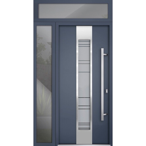 Vdomdoors Steel Door Deux 0757 Gray Graphite Sidelight and Transom Window Stainless Inserts Single Modern Pai DEUX0757EXD-GRE-W36+16 x H80+16-Left-hand Inswing - main