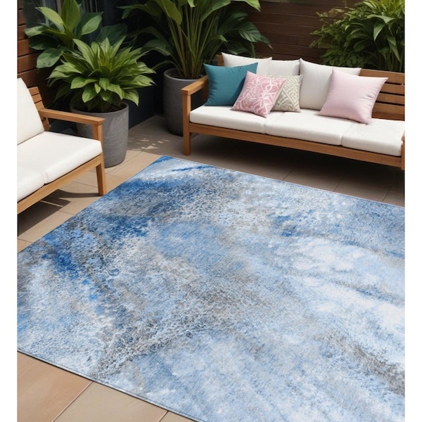 Homeroots 8' X 10' Navy and Gray Abstract Washable Non Skid Indoor Outdoor Area Rug 559592 - main