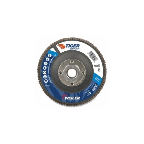 Weiler Tiger Big Cat High Density Flap Disc, 4-1/2 in dia, 60 grit, 5/8 in to 11 in arbor, 12000 RPM, 10PK 804-50769 - main
