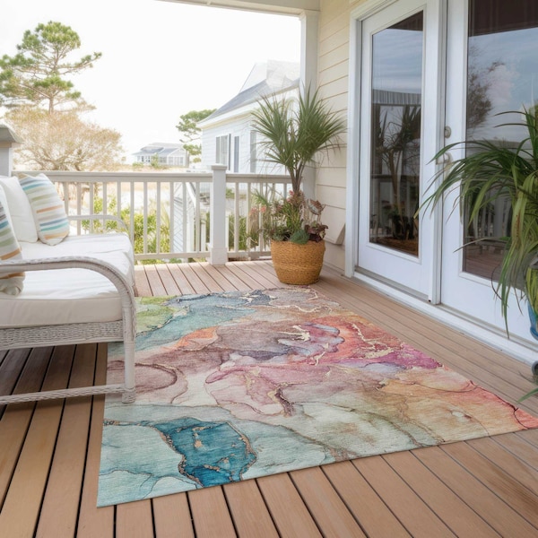 Homeroots 3' X 5' Blue Abstract Washable Non Skid Indoor Outdoor Area Rug 559171 - main