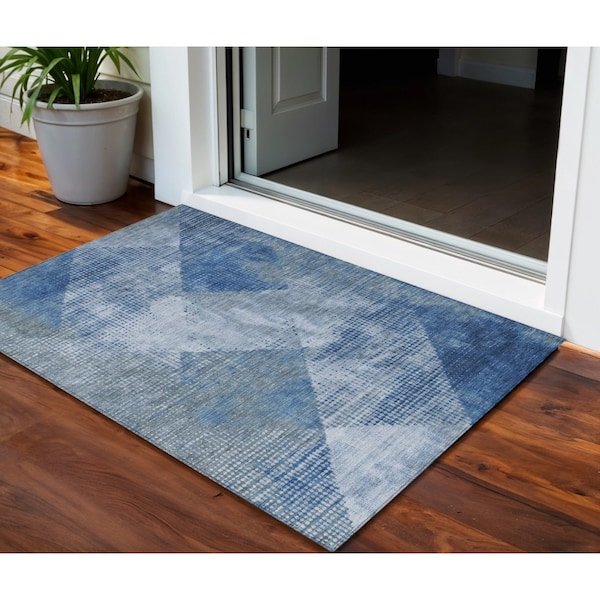 Homeroots 3' X 5' Blue And Gray Geometric Washable Indoor Outdoor Area Rug 602833 - main