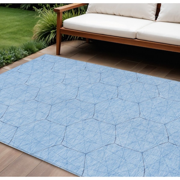 Homeroots 8' X 10' Sky Blue And Black Geometric Washable Indoor Outdoor Area Rug 596767 - main