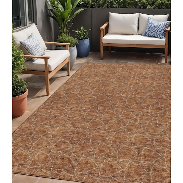 Homeroots 5' X 8' Orange And Ivory Geometric Washable Indoor Outdoor Area Rug 613573 - main
