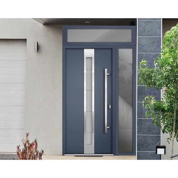 Vdomdoors Steel Door Deux 1717 Gray Graphite Sidelight and Transom Window Stainless Inserts Single Modern Pai DEUX1717EXD-GRE-W36+12 x H80+16-Left-hand Inswing - main