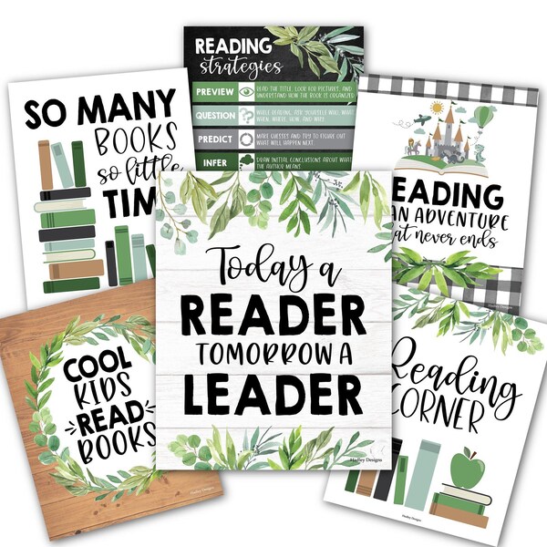 Hadley Designs Farmhouse Greenery Reading Posters For Classroom Library Decor, 6-Piece Set X004A2EQ5P - main