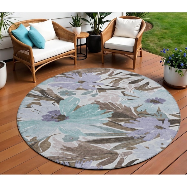 Homeroots 8' Taupe And Lilac Round Floral Washable Indoor Outdoor Area Rug 611000 - main