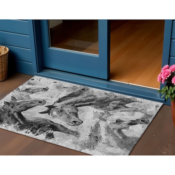 Homeroots 3' X 5' Gray And Silver Horse Washable Indoor Outdoor Area Rug 618697 - main