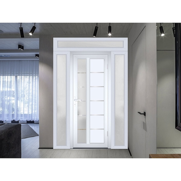 Vdomdoors Front Exterior Prehung FiberGlass Door Frosted Glass / Manux 8088 White Silk / 2 Sidelight and Tran MANUX8088EXD-WS-W16+36+16 x H80+14-LH - main