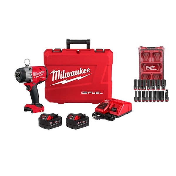 Milwaukee Tool M18 FUEL 1/2" HTIW + MM Socket Set 2966-22, 49-66-6803 - main