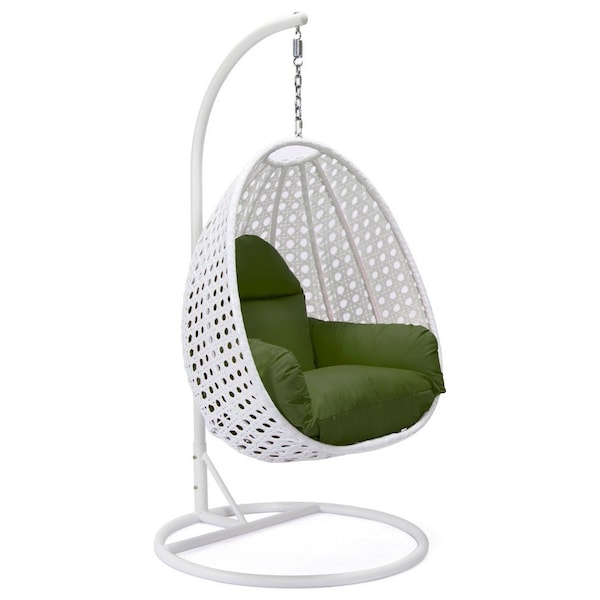 Leisuremod White Wicker Hanging Egg Swing Chair with Dark Green Cushions ESCW-40DG - main