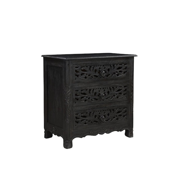 Homeroots 30" Black Solid Wood Distressed Three Drawer Nightstand 521194 - main