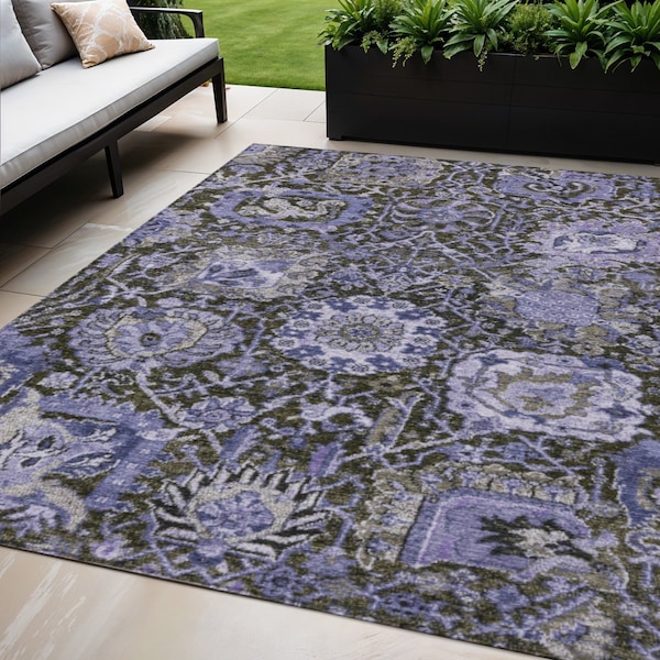Homeroots 5' X 8' Purple And Black Damask Washable Indoor Outdoor Area Rug 609101 - main