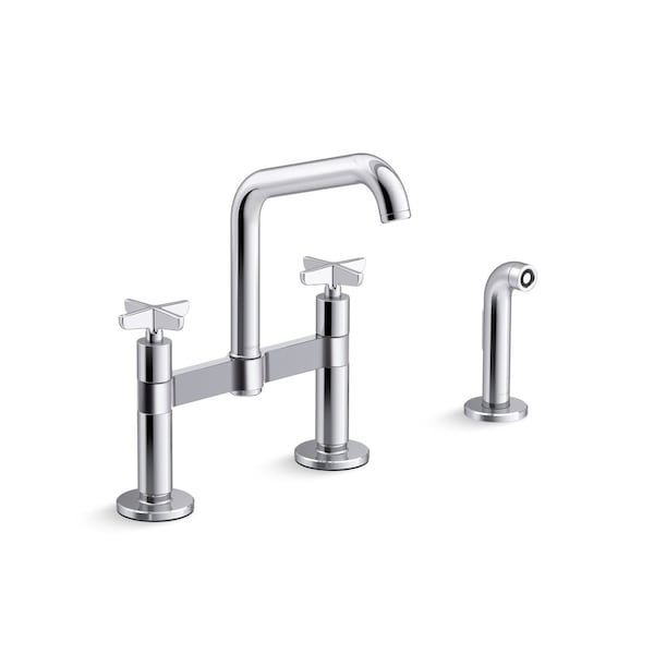 Kohler Billet Two-hole bridge kitchen sink faucet with side sprayer 28665-3-CP - main