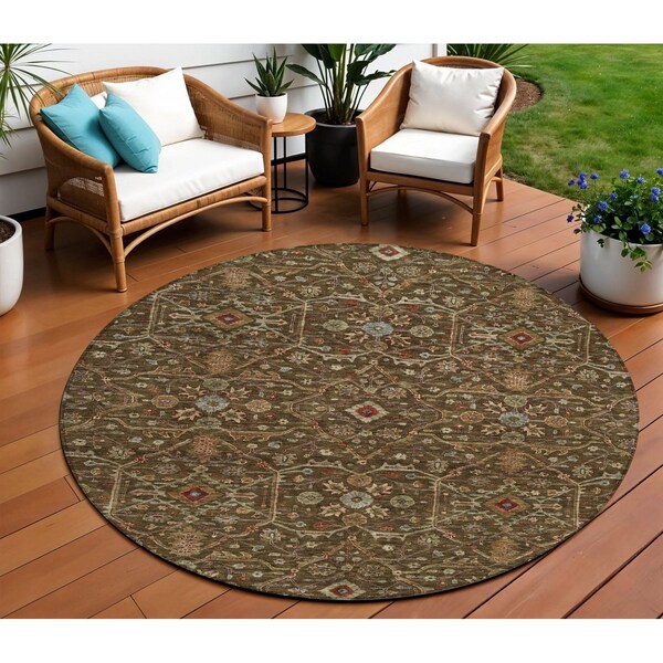 Homeroots 8' Chocolate Red And Green Round Floral Washable Indoor Outdoor Area Rug 604585 - main